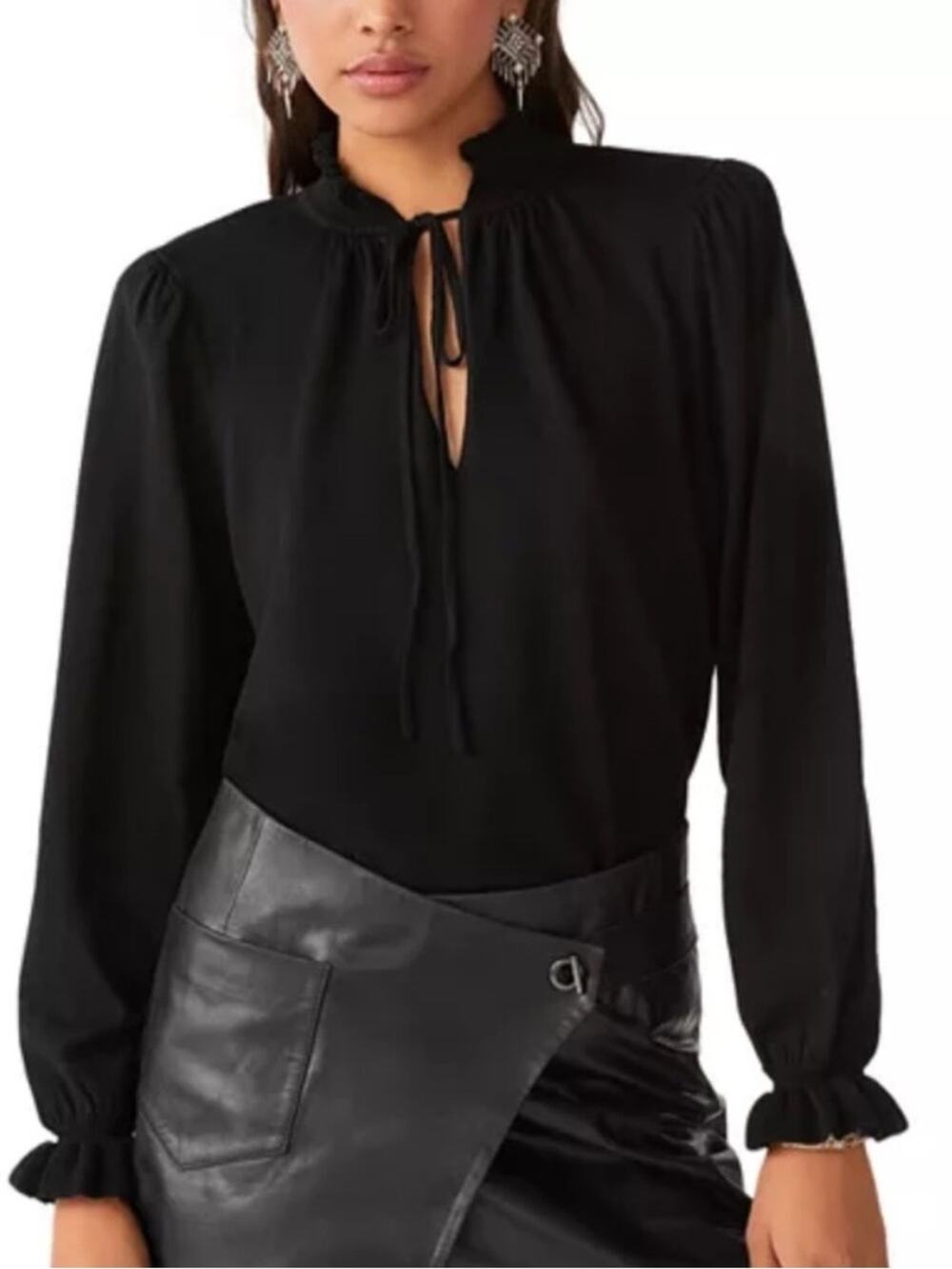 ba&sh Sisol Ruffle Tie Neck Knit Long Sleeve Blouse Top Small Black Parisian